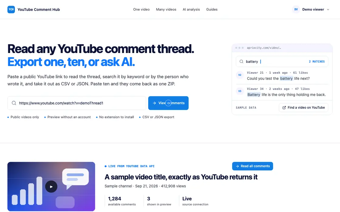 Screen recording of the whole flow: paste a YouTube link, search the entire comment thread for a keyword, then download the matching comments as a CSV file. The run uses the app's built-in sample thread, not live YouTube data.